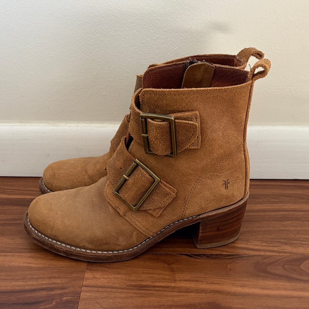 Frye Tan Suede Double-Buckle Heeled Ankle Boots - Picture 13 of 15